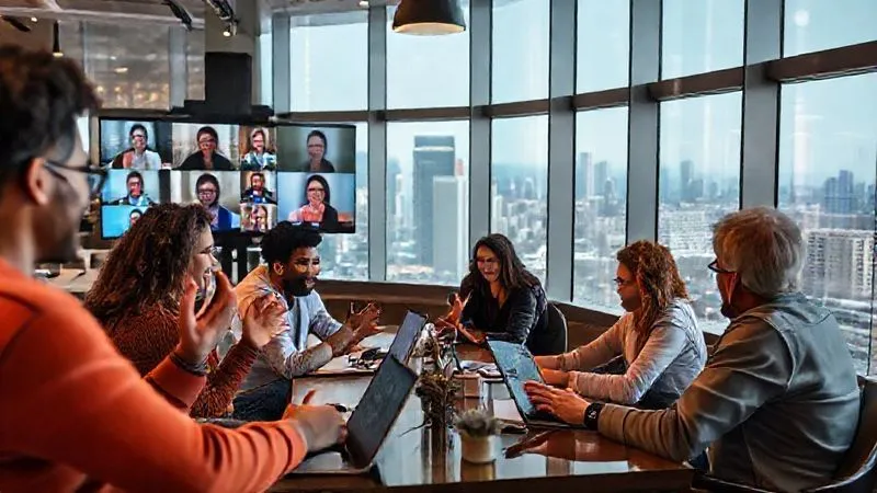 Photorealistic image of diverse digital nomads collaborating online, visible on multiple screens showing video calls and shared documents, some gesturing, smiling, and engaged in discussion. The setting is a cozy, modern co-working space with large windows and natural light, overlooking a vibrant city. Emphasize connection, synergy, and global collaboration. Professional photography, 8K, cinematic lighting, sharp focus on faces and screens, depth of field. Shot on a high-end DSLR.