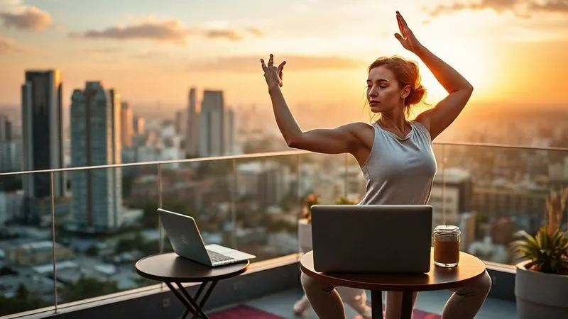 A photorealistic, professional photography image of a digital nomad, a young woman, performing a gentle yoga pose (e.g., warrior II) on a spacious, sunlit rooftop terrace overlooking a vibrant, modern city at dawn. Her laptop and a travel mug are neatly placed on a small table nearby, suggesting a transition from work to well-being. Cinematic lighting, sharp focus on her serene expression, depth of field blurring the city background. 8K hyper-detailed, shot on a high-end DSLR.