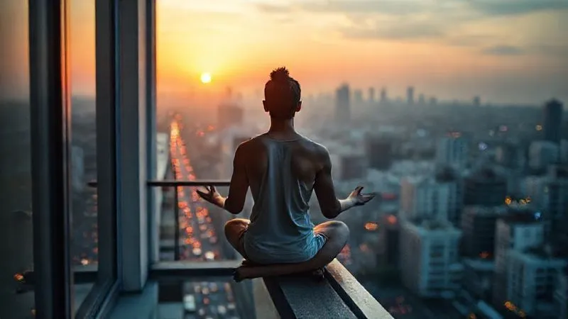 A photorealistic image of a serene digital nomad meditating at sunrise on a balcony overlooking a bustling city street below. The nomad is calm and centered, while the city fades slightly in the background, symbolizing inner peace amidst external chaos. Professional photography, 8K, cinematic lighting, sharp focus, depth of field, shot on a high-end DSLR.