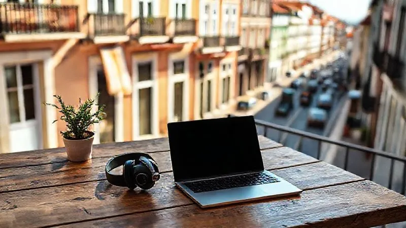 A photorealistic image of a minimalist, highly organized digital nomad workspace set up on a rustic wooden table, overlooking a vibrant, sunny street in Lisbon. The laptop is open, a noise-canceling headphone rests beside it, and a small plant adds a touch of green. Cinematic lighting, sharp focus on the workspace, depth of field blurring the street activity, 8K hyper-detailed.