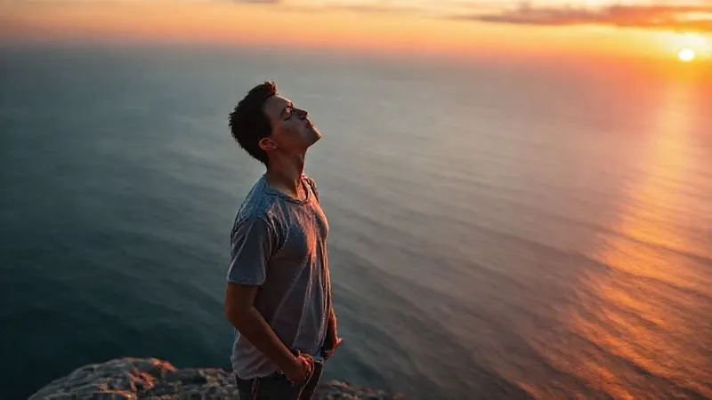 A photorealistic image of a digital nomad taking a deep, reflective breath, eyes closed, standing on a cliff overlooking a vast, beautiful ocean at sunset. Their posture is relaxed, symbolizing peace and resilience amidst life's challenges. Professional photography, 8K, cinematic lighting, sharp focus on the person, depth of field blurring the ocean, shot on a high-end DSLR.