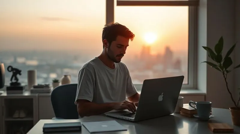 A photorealistic image of a digital nomad in a well-organized minimalist workspace, perhaps with a view of a sunrise over a calm city or a serene natural landscape, symbolizing a focused and peaceful start to the day. Cinematic lighting, sharp focus on the person and their laptop, depth of field. 8K, professional photography.