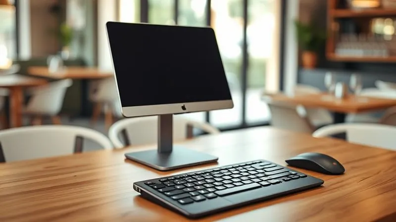 A photorealistic image of a sleek, portable digital nomad setup (laptop on a stand, portable monitor, ergonomic mouse, compact keyboard) placed on a clean wooden table in a beautiful, light-filled cafe or co-working space, showing functionality and aesthetics. Cinematic lighting, sharp focus on the gear, depth of field. 8K, professional photography.