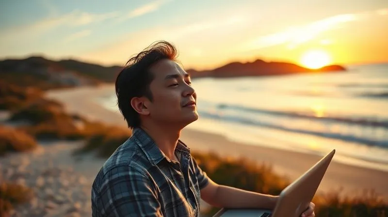 A photorealistic image of a person taking a mindful break in a scenic natural environment, like a serene beach at sunset or a calm mountain trail, perhaps with a laptop closed nearby, emphasizing the importance of disconnection and rejuvenation for sustained productivity. Cinematic lighting, sharp focus on the person's peaceful expression, depth of field. 8K, professional photography.