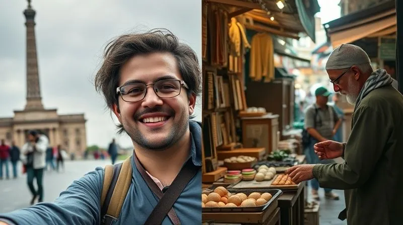 A photorealistic, professional photography, 8K, cinematic lighting, sharp focus, depth of field, shot on a high-end DSLR, showing a split image: one side depicts a hurried tourist taking a selfie in front of a famous landmark, while the other side shows a digital nomad quietly observing and interacting respectfully with a local artisan in a bustling, non-touristy market.