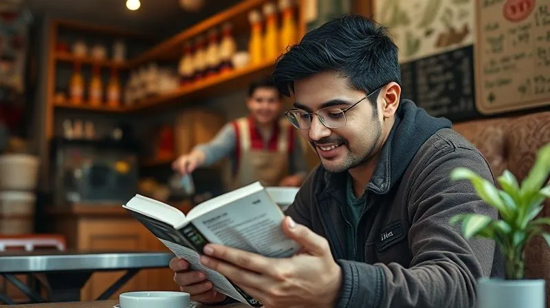 A photorealistic, professional photography, 8K, cinematic lighting, sharp focus, depth of field, shot on a high-end DSLR, of a digital nomad (diverse, 20s-30s) sitting at a small, authentic local cafe, intently studying a language phrasebook while sipping coffee, with a friendly local shopkeeper smiling in the background, suggesting an upcoming interaction.