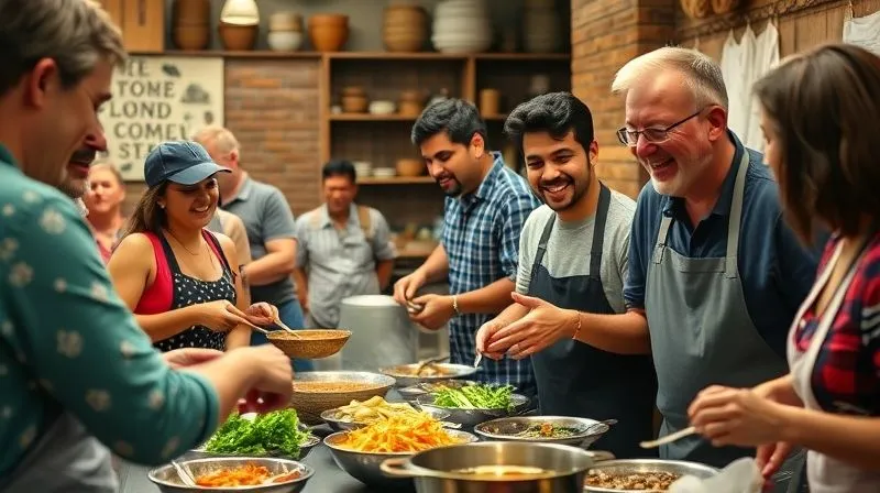 A photorealistic, professional photography, 8K, cinematic lighting, sharp focus, depth of field, shot on a high-end DSLR, showing a group of diverse individuals, including a digital nomad, engaged in a vibrant local cooking class, laughing and learning together, with traditional ingredients and utensils visible, emphasizing community and shared experience.