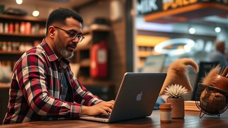 A photorealistic, professional photography, 8K, cinematic lighting, sharp focus, depth of field, shot on a high-end DSLR, of a digital nomad volunteering their tech skills to a local small business owner (e.g., setting up a website), showing a laptop screen and genuine interaction, conveying a sense of mutual benefit and contribution.