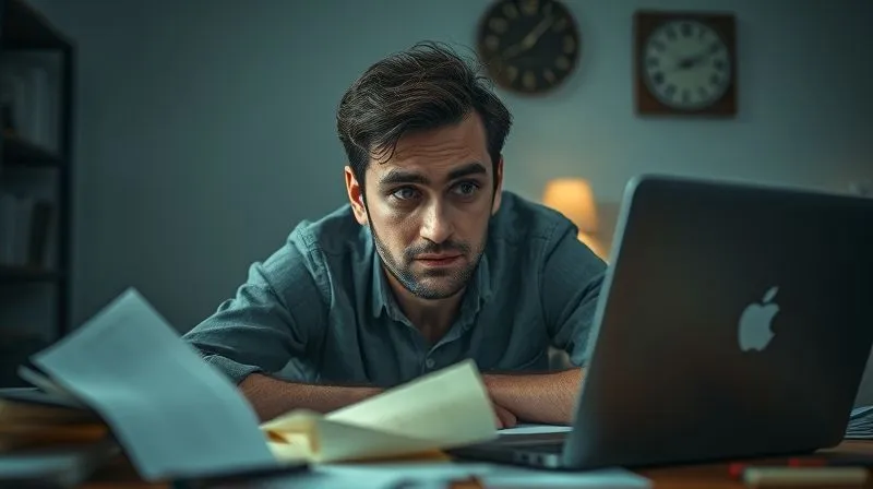 A photorealistic image of a digital nomad looking stressed and overwhelmed, surrounded by scattered notes and a laptop, in a dimly lit room, symbolizing the feeling of stagnation and lack of direction. Cinematic lighting, sharp focus on the nomad's expression, depth of field blurring the background, 8K hyper-detailed.