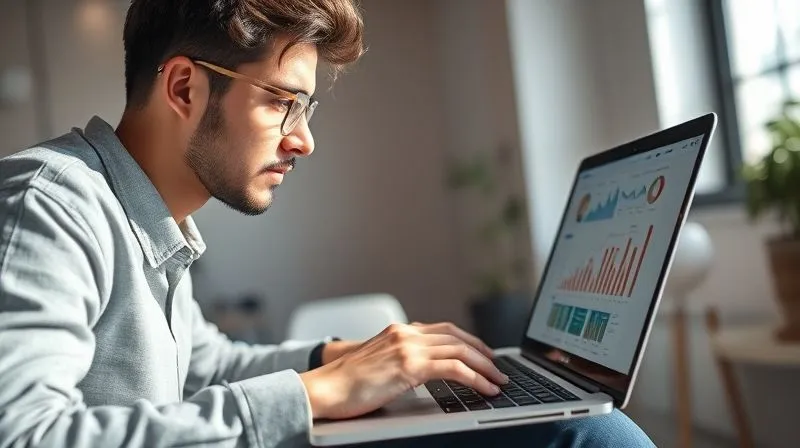 A photorealistic image of a digital nomad meticulously reviewing data on a laptop, with charts and graphs clearly visible, in a minimalist, sunlit co-working space, conveying focus and analytical thought. Cinematic lighting, sharp focus on the laptop screen and nomad's hands, depth of field blurring the background, 8K hyper-detailed.