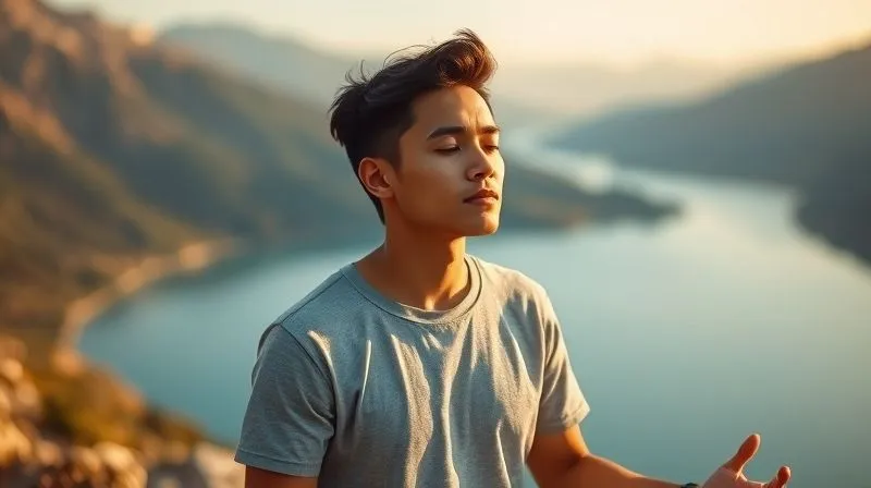 A photorealistic image of a digital nomad, with a serene and focused expression, meditating or reflecting in a beautiful, natural setting like a mountain top or by a calm lake, symbolizing clarity, mindfulness, and continuous growth. Cinematic lighting, soft morning light, sharp focus on the nomad's posture, depth of field blurring the background, 8K hyper-detailed.