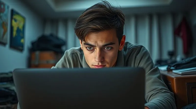 A photorealistic image showing a digital nomad looking stressed and tired, hunched over a laptop in a dimly lit room, surrounded by travel gear. Their eyes are red, and there's a visible tension in their shoulders. The background is a blurry, chaotic hotel room. Cinematic lighting, sharp focus on the nomad's fatigued face, depth of field. Professional photography, 8K hyper-detailed, shot on a high-end DSLR.