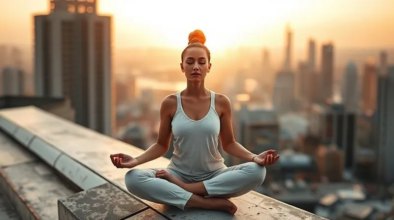 A photorealistic image of a digital nomad meditating peacefully on a rooftop at dawn, overlooking a bustling city that is still waking up. The nomad is in a lotus position, eyes closed, with a serene expression. Soft, golden cinematic lighting illuminates their face. Sharp focus on the nomad, depth of field blurring the city. Professional photography, 8K hyper-detailed, shot on a high-end DSLR.