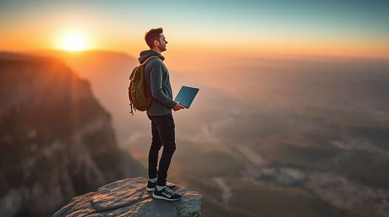 A photorealistic image of a digital nomad standing confidently at the edge of a cliff, looking out at a vast, beautiful landscape with a laptop in hand, symbolizing freedom and adaptability. The sun is setting, casting a warm, hopeful glow. Sharp focus on the nomad's determined but serene expression, depth of field blurring the distant horizon. Professional photography, 8K hyper-detailed, shot on a high-end DSLR.