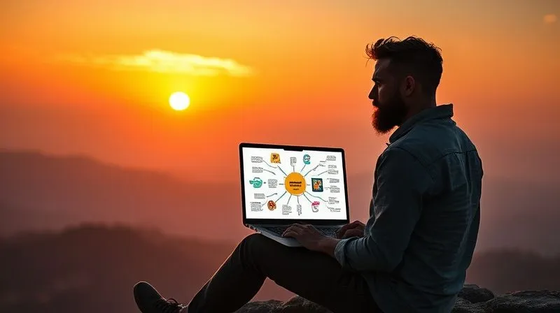A photorealistic image of a digital nomad sitting on a cliff overlooking a vast landscape, with a laptop open showing a mind map of business growth and strategy. The nomad has a determined, visionary expression. The lighting is cinematic, highlighting the silhouette against a vibrant sunrise. 8K hyper-detailed, professional photography, shot on a high-end DSLR, sharp focus on the nomad and laptop, depth of field blurring the distant landscape.