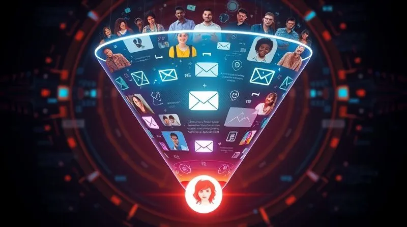 A photorealistic and abstract representation of a digital sales funnel. The top is wide and filled with diverse digital nomad personas. It narrows down through stages of engagement, email icons, and content snippets, leading to a bottom section where small monetary symbols and satisfied customer faces appear. The funnel is glowing with digital light against a dark, tech-inspired background, 8K hyper-detailed, professional photography, shot on a high-end DSLR, sharp focus on the funnel, depth of field blurring the background.