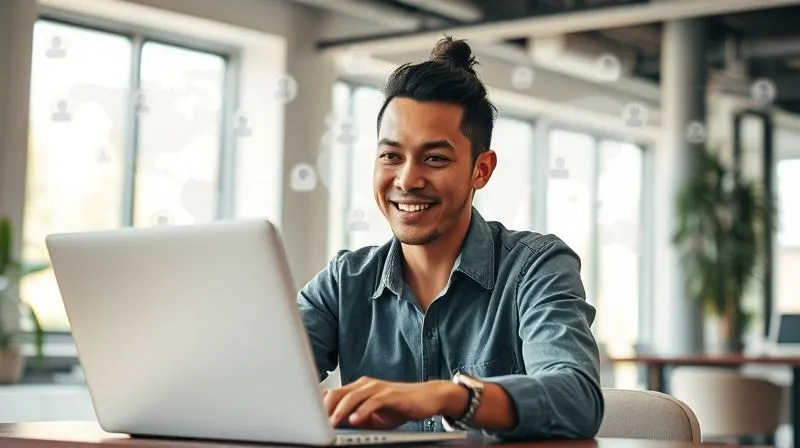 A photorealistic image of a digital nomad making a video call on a laptop, with a diverse network of interconnected client profile icons subtly visible in the background, symbolizing global client acquisition. The nomad is smiling confidently, in a modern co-working space with natural light. Cinematic lighting, sharp focus on the nomad and laptop, depth of field blurring the background. 8K hyper-detailed, professional photography, shot on a high-end DSLR.
