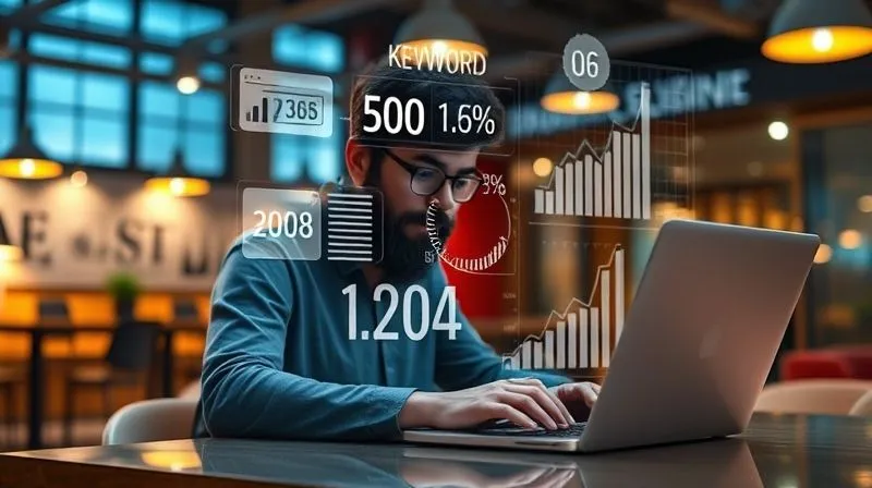 A photorealistic depiction of a digital nomad working on a laptop, with a holographic overlay showing SEO metrics, keyword clouds, and website traffic graphs floating around them. The background is a vibrant, modern co-working space. The scene is lit with cinematic, bright lights, sharp focus on the nomad and the holographic elements, depth of field blurring the background. 8K hyper-detailed, professional photography, shot on a high-end DSLR.