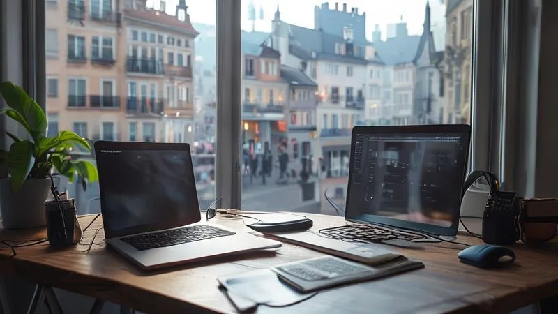 A photorealistic image of a minimalist, yet highly functional nomadic workspace set up on a small wooden table by a large window overlooking a bustling European city street. A sleek laptop on a portable stand, an ergonomic mouse, noise-canceling headphones, and a small, organized notebook are visible. Soft morning light streams through the window, highlighting the sharp focus on the details of the setup. Professional photography, 8K, cinematic lighting, depth of field.