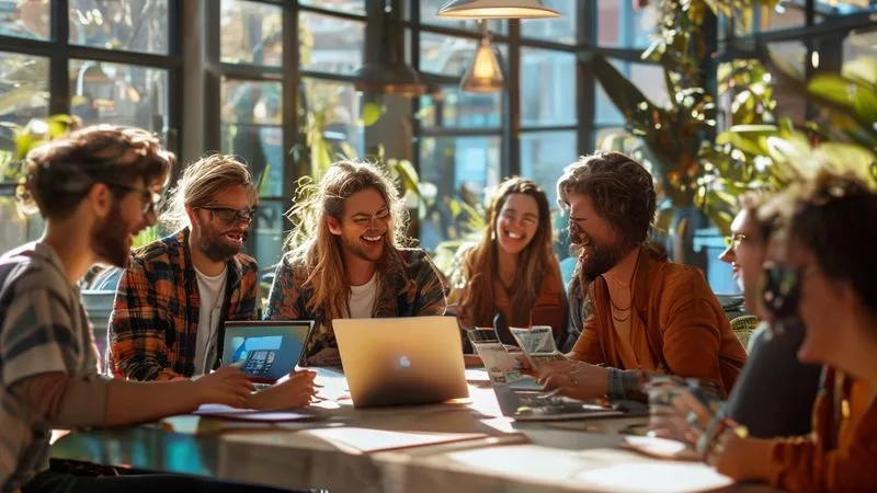A photorealistic image of a diverse group of young, smiling digital nomads collaborating and laughing around a large table in a modern, sunlit coworking space. Some are looking at laptops, others are engaged in conversation. The atmosphere is vibrant, supportive, and collaborative, with natural light streaming in. Professional photography, 8K, cinematic lighting, sharp focus, depth of field.