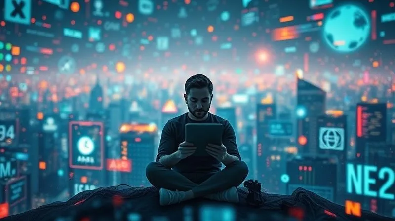 A photorealistic image of a digital nomad sitting calmly amidst a chaotic, rapidly changing digital landscape, represented by swirling data, glowing tech icons, and shifting virtual horizons. The nomad is focused, holding a tablet, symbolizing adaptability and quick learning. Cinematic lighting, 8K, sharp focus, depth of field, professional photography.