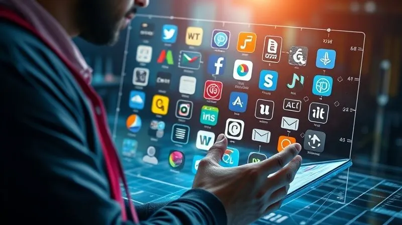 A photorealistic image of a digital nomad meticulously curating a diverse collection of digital learning tools on a holographic interface. Icons representing various e-learning platforms, microlearning apps, and online courses are arranged purposefully, with a focus on efficiency and personalization. Cinematic lighting, 8K, sharp focus, depth of field, professional photography.