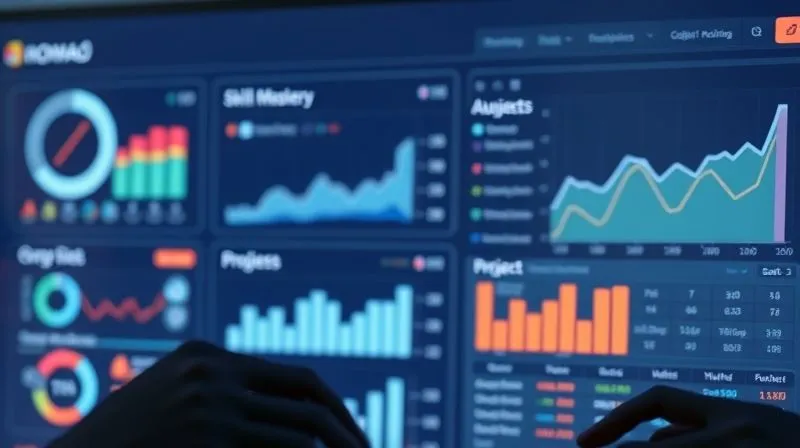 A photorealistic image of a digital nomad tracking their learning progress on a dynamic, interactive dashboard. The dashboard displays graphs of skill mastery, project completion rates, and feedback scores, all in a sleek, modern interface. The nomad has a focused yet satisfied expression, indicating successful adaptation. Cinematic lighting, 8K, sharp focus, depth of field, professional photography.