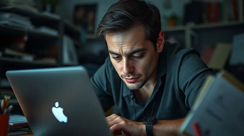 A photorealistic image of a digital nomad, mid-30s, looking utterly exhausted and stressed, hunched over a laptop in a dimly lit, cluttered co-working space. Their face shows signs of fatigue and frustration, with dark circles under their eyes. The scene should convey the negative impact of overwork. Cinematic lighting, sharp focus on the nomad's distressed expression, depth of field blurring the messy background. Professional photography, 8K, shot on a high-end DSLR.