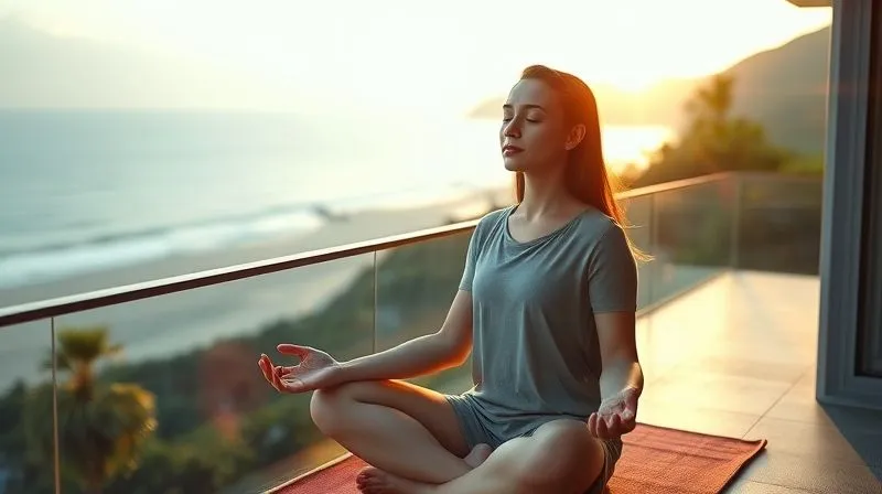 A photorealistic image of a digital nomad, mid-20s, in a serene pose, meditating or performing gentle yoga stretches on a balcony overlooking a lush, green landscape or a calm beach at sunrise. The light is soft and warm, emphasizing tranquility and purposeful rest. Cinematic lighting, sharp focus on the nomad's peaceful expression, depth of field blurring the natural background. Professional photography, 8K, shot on a high-end DSLR.