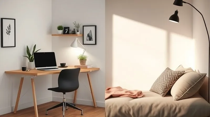 A photorealistic image showing a clear contrast: on the left, a minimalist, organized digital nomad workspace with a clean desk, laptop, and a small plant; on the right, a cozy, inviting relaxation nook with soft lighting, comfortable cushions, and a cup of herbal tea. The image conveys balance and distinct areas for work and rest. Cinematic lighting, sharp focus on both areas, depth of field subtly separating them. Professional photography, 8K, shot on a high-end DSLR.
