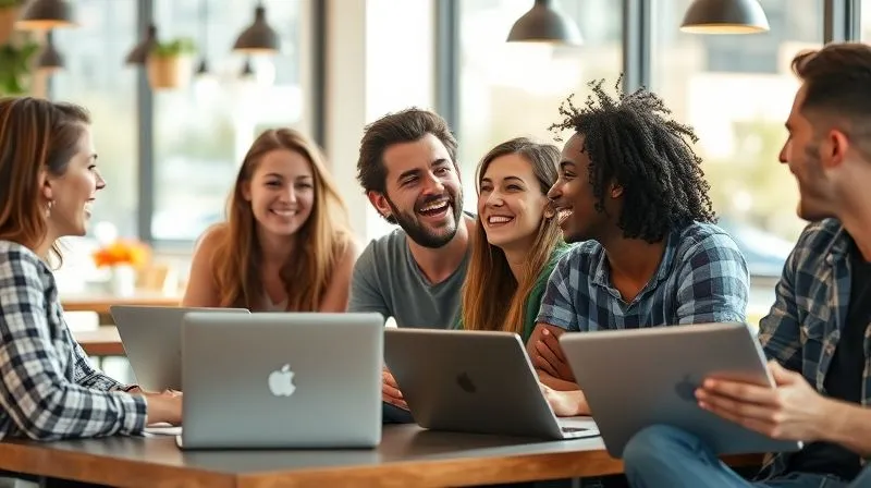 A photorealistic image of a group of diverse digital nomads, mid-20s to late-30s, laughing and chatting enthusiastically in a vibrant, sunlit co-working café. They are sharing ideas and supporting each other, with laptops open but not the central focus. The scene conveys community, connection, and mutual encouragement. Cinematic lighting, sharp focus on their engaged expressions, depth of field blurring the background activity. Professional photography, 8K, shot on a high-end DSLR.