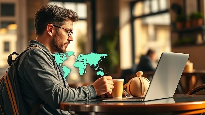A photorealistic image of an adult digital nomad, mid-30s, looking thoughtfully at a world map on a laptop screen, with a backpack and a coffee mug next to them in a cozy, sunlit cafe in a foreign city. Cinematic lighting, sharp focus on their contemplative expression, depth of field blurring the cafe background. Shot on a high-end DSLR.