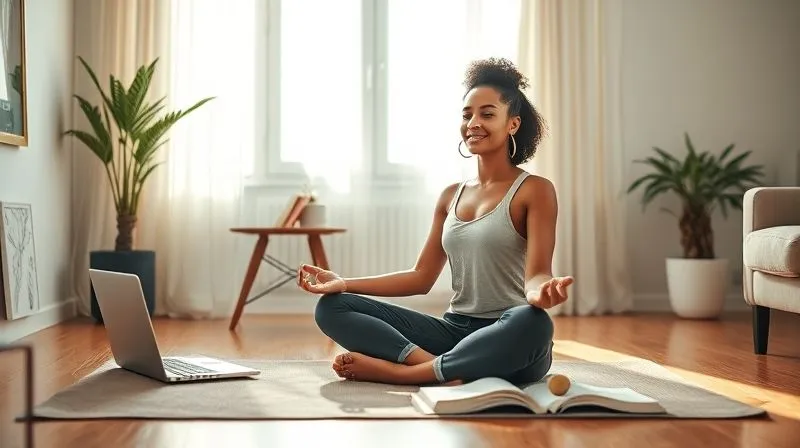 A photorealistic, professional photography image, 8K, cinematic lighting, sharp focus, depth of field, shot on a high-end DSLR, of a diverse adult nomad sitting cross-legged on a yoga mat in a minimalist, sun-drenched apartment, meditating with a serene expression. A partially open laptop and some study books are neatly arranged on a small table in the background, symbolizing inner calm amidst a life of learning and travel.