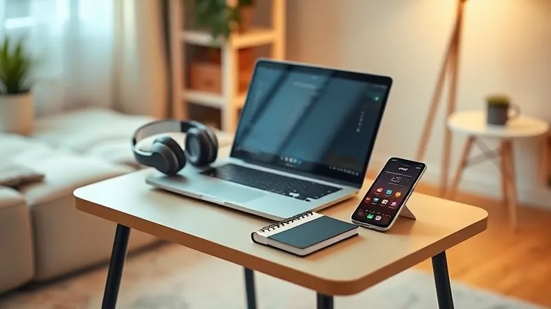 A photorealistic, professional photography image, 8K, cinematic lighting, sharp focus, depth of field, shot on a high-end DSLR, of a perfectly organized minimalist desk setup on a small, portable table. It features a sleek laptop, a noise-canceling headphone, a compact power bank, a small notebook, and a smartphone displaying a productivity app. The background is a slightly blurred, warm-toned interior of an Airbnb, suggesting comfort and readiness for focused work anywhere.