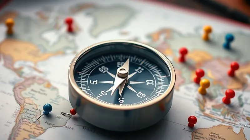A photorealistic, professional photography, 8K, cinematic lighting, sharp focus, depth of field, shot on a high-end DSLR of a compass with its needle pointing firmly north, but the compass itself is resting on a map of the world, with various colorful pins indicating travel destinations. The background is slightly blurred, suggesting movement and change, yet the compass remains clear and focused, symbolizing clear intention amidst a flexible journey. Emotionally, it conveys calm determination.
