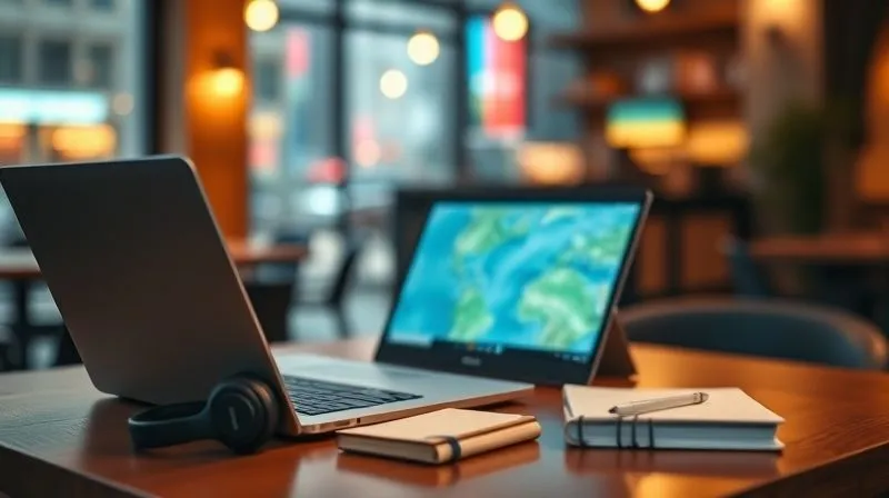 A photorealistic, professional photography, 8K, cinematic lighting, sharp focus, depth of field, shot on a high-end DSLR of a minimalist and organized digital nomad workspace. The setup includes a sleek laptop, a small, portable monitor, noise-cancelling headphones, and a simple notebook. The background is a slightly blurred, warm-toned cafe or co-working space in a vibrant city, hinting at travel and global work. The overall mood is calm, efficient, and focused. Emotionally, it conveys peace of mind and control.
