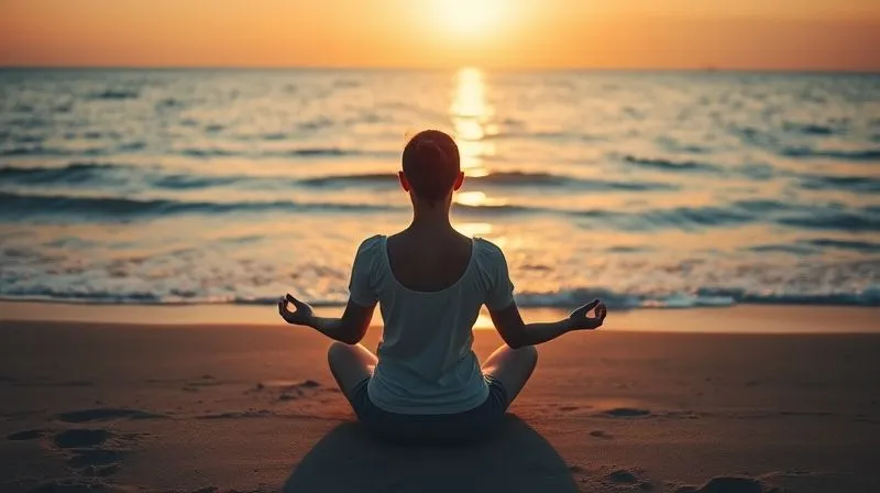 A photorealistic, professional photography, 8K, cinematic lighting, sharp focus, depth of field, shot on a high-end DSLR of a person meditating peacefully on a tranquil beach at sunrise, with soft, golden light illuminating the scene. The ocean waves are gently lapping the shore, and the person's posture conveys deep relaxation and mental clarity. The background is a vast, open sea, symbolizing freedom and calm. Emotionally, it evokes serenity and rejuvenation.