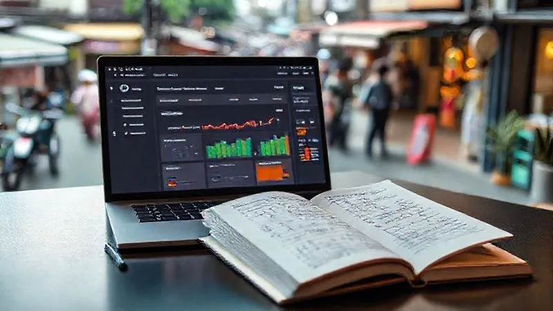 A photorealistic image of a digital nomad's desk setup in a serene co-working space overlooking a bustling market street in Southeast Asia. On the desk, a laptop displays a project management dashboard with clear, color-coded progress bars for different modules of an online course. A notebook is open with handwritten micro-metrics and flexible checkpoints. Cinematic lighting, sharp focus on the screen and notebook, depth of field blurring the background, 8K hyper-detailed, shot on a high-end DSLR.