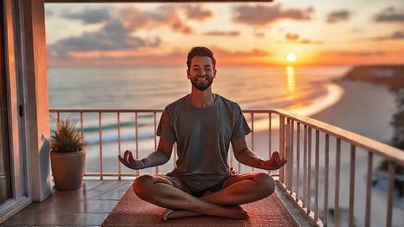 A photorealistic image of a digital nomad practicing mindfulness meditation on a balcony overlooking a serene beach at sunrise. The nomad is calm and centered, with a gentle smile. The scene evokes peace and resilience. Cinematic lighting, soft warm colors, sharp focus on the nomad, depth of field blurring the ocean, 8K hyper-detailed, shot on a high-end DSLR.
