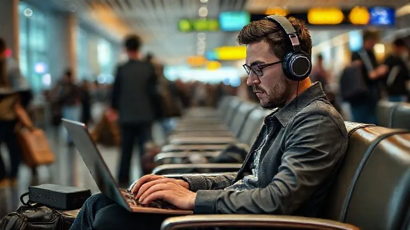 A photorealistic image of a digital nomad calmly working on a laptop in a bustling airport lounge, wearing noise-canceling headphones. A backup portable modem is visible next to the laptop. The scene conveys resilience and preparedness amidst travel chaos. Cinematic lighting, sharp focus on the nomad and laptop, depth of field blurring the background travelers, 8K hyper-detailed, shot on a high-end DSLR.