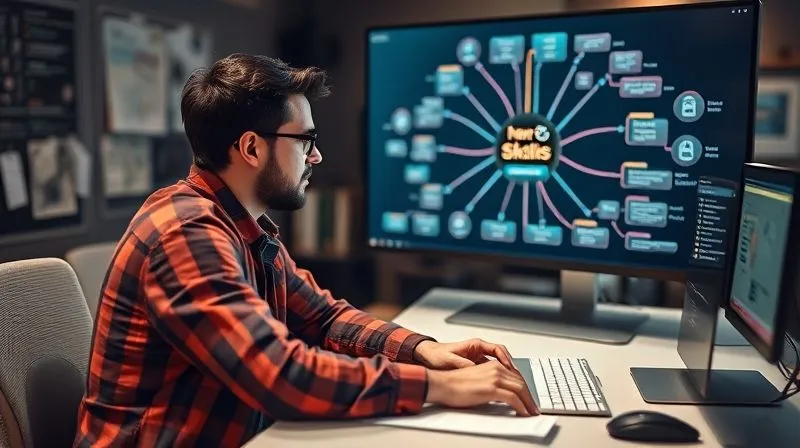 A photorealistic image of a digital nomad sitting at a desk, looking at a mind map on a large screen, with various skills and career paths branching out. The person looks determined and organized, with a clear plan. Cinematic lighting, sharp focus on the mind map and the person's face, depth of field blurring the background, 8K hyper-detailed, professional photography, shot on a high-end DSLR