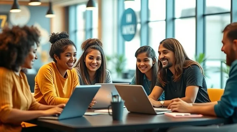 A photorealistic image of a diverse group of digital nomads, smiling and engaged, having a lively discussion in a modern co-working space, with laptops open but their focus on each other. The atmosphere is collaborative and inspiring. Cinematic lighting, sharp focus on the group, depth of field blurring the background, 8K hyper-detailed, professional photography, shot on a high-end DSLR