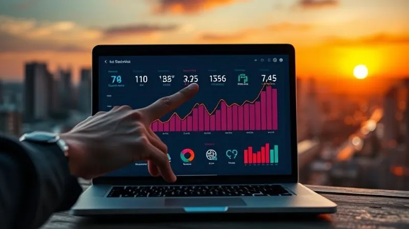 A photorealistic image of a person's hand pointing at a clear, easy-to-read dashboard on a laptop screen, showing various growth metrics (e.g., revenue, client acquisition, skill proficiency) in an upward trend. The background is a blurred, vibrant cityscape at sunset, symbolizing a successful nomadic journey. Cinematic lighting, sharp focus on the dashboard, depth of field, 8K hyper-detailed, professional photography, shot on a high-end DSLR