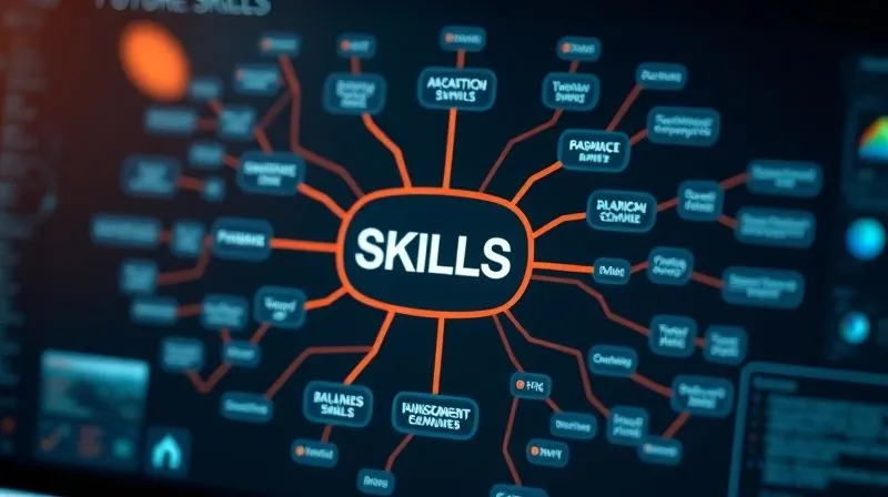 A photorealistic, professional photography, 8K, cinematic lighting, sharp focus, depth of field, shot on a high-end DSLR of a mind map or a digital dashboard displaying interconnected future skills for digital nomads, with lines connecting technical, soft, and self-management skills. The visual should convey growth and strategic planning.
