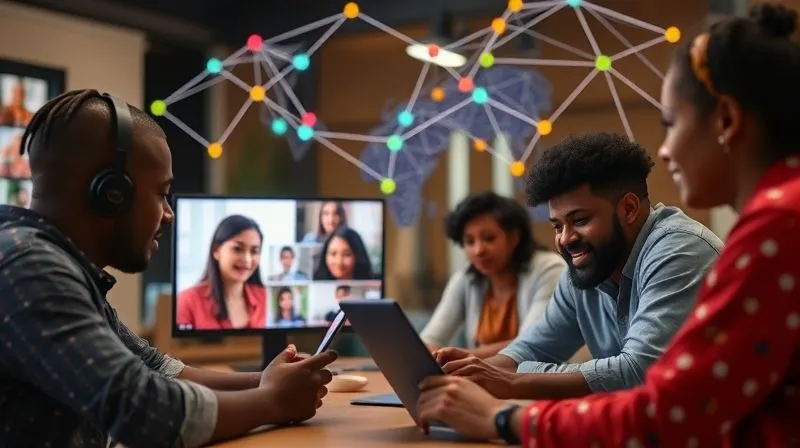 A photorealistic, professional photography, 8K, cinematic lighting, sharp focus, depth of field, shot on a high-end DSLR of diverse digital nomads from different backgrounds, interacting and collaborating online through video calls and chat interfaces, with a vibrant, interconnected network overlay symbolizing global community. The mood is collaborative and supportive.