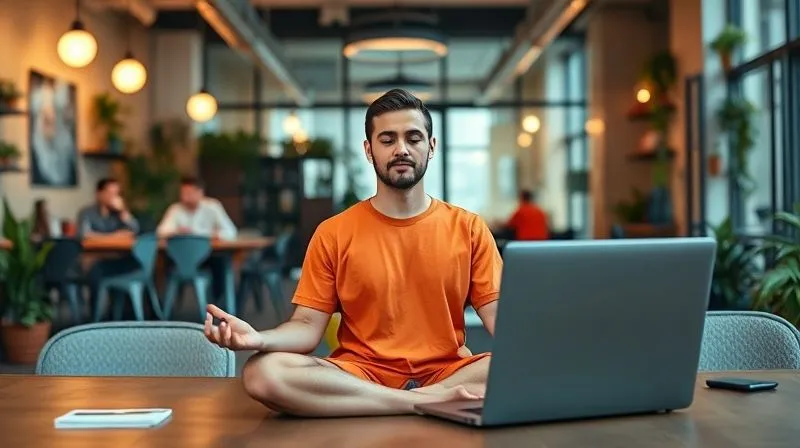 A photorealistic, professional photography, 8K, cinematic lighting, sharp focus, depth of field, shot on a high-end DSLR of a serene digital nomad meditating briefly amidst a vibrant but organized co-working space, with a laptop open showing an e-learning platform in the background. The image should convey mental clarity, focus, and overcoming distractions in a busy environment.