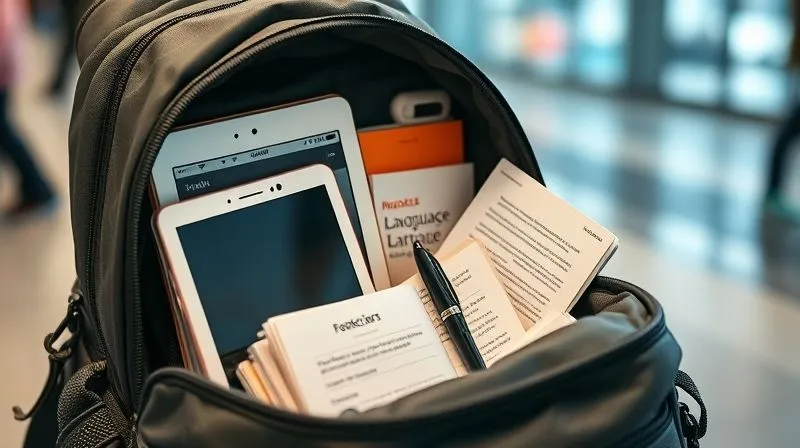 A photorealistic, professional photography, 8K, cinematic lighting, sharp focus, depth of field, shot on a high-end DSLR, showing a traveler's backpack open, revealing a neatly organized collection of digital devices (tablet, e-reader, smartphone) with language learning apps visible, alongside physical notebooks, pens, and flashcards. The background suggests a bustling but temporary travel hub, emphasizing preparedness on the go.
