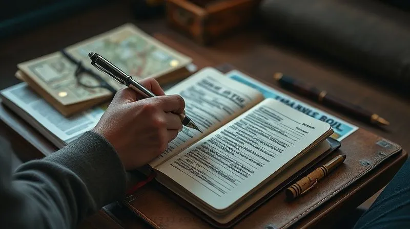 A photorealistic, professional photography, 8K, cinematic lighting, sharp focus, depth of field, shot on a high-end DSLR, showing a traveler's hand writing diligently in a worn leather-bound journal, with a pen, surrounded by a minimalist setup of a foreign language phrasebook and a local map. The setting is a cozy, low-lit common area of a hostel or guesthouse, suggesting quiet focus amidst travel.