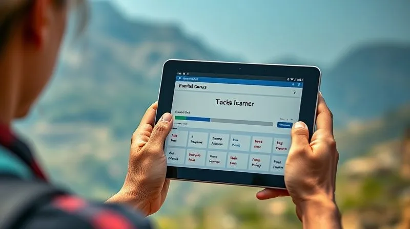 A photorealistic, professional photography, 8K, cinematic lighting, sharp focus, depth of field, shot on a high-end DSLR, showing a tablet screen displaying a language learning app (like Anki or Memrise) in offline mode, with a progress bar and vocabulary cards. The tablet is held in hands that are tanned and slightly calloused from travel, with a blurred background of a scenic, remote landscape, symbolizing continuous learning anywhere.