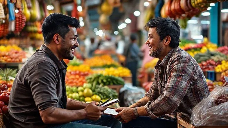 A photorealistic image of a digital nomad sitting in a bustling Latin American market, smiling and actively engaging in conversation with a local vendor, surrounded by colorful fruits and vegetables. The nomad has a small notebook and pen, occasionally jotting down words. Cinematic lighting, sharp focus on their interaction, depth of field blurring the background market stalls, 8K hyper-detailed, professional photography, shot on a high-end DSLR.